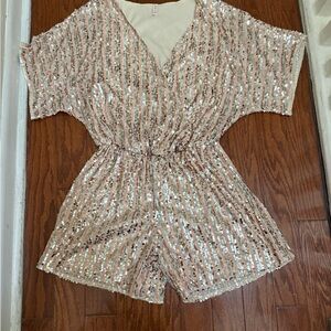 Anthropologie Raga Sequin Romper | Rose Gold Party Night out